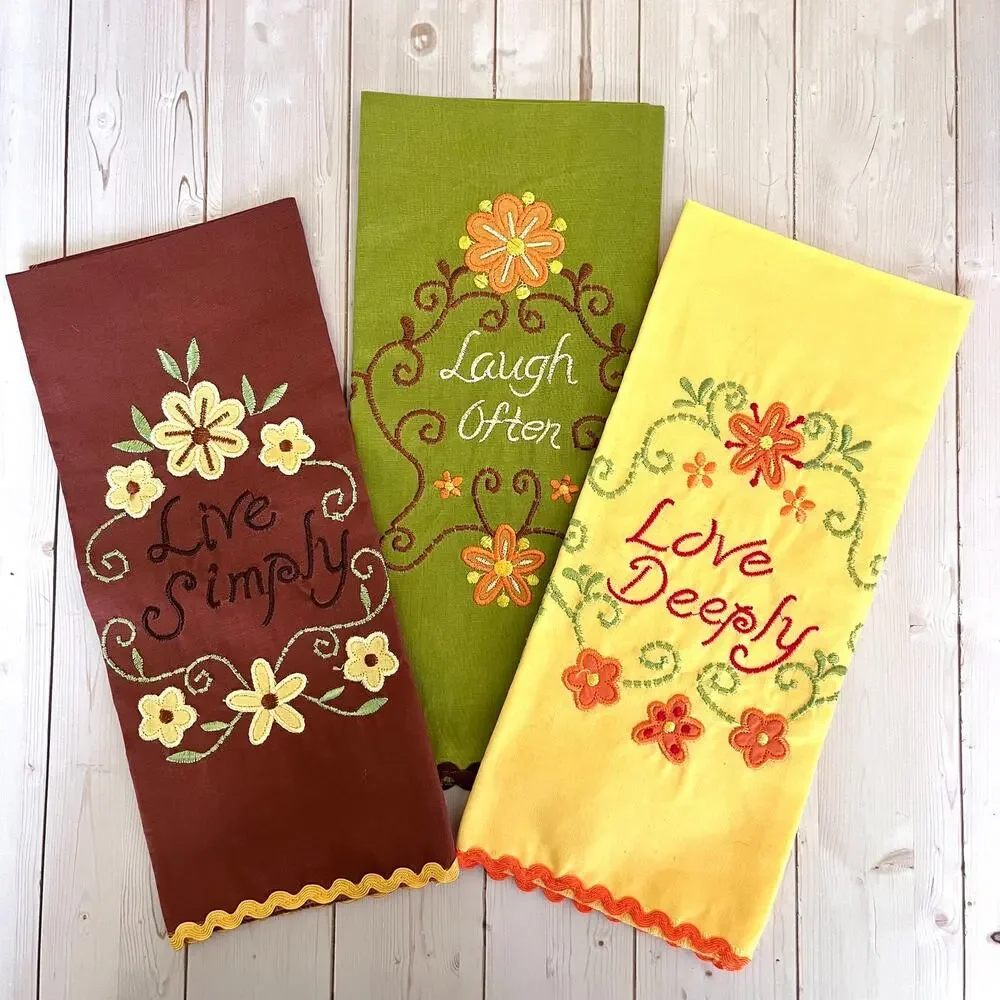 Set of 3 Retro-Style Kitchen Tea Towels Embroidered Floral Inspirational Ric-Rac